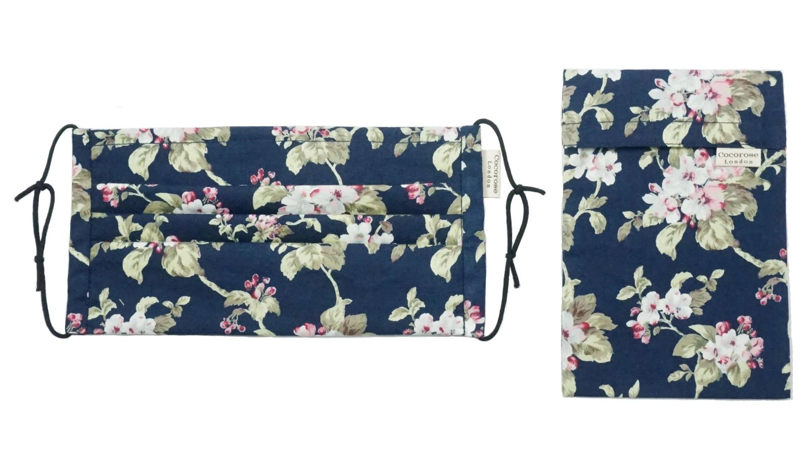 Pleated Cotton Face Mask with Nose Wire and Matching Pouch - Floral Print Navy
