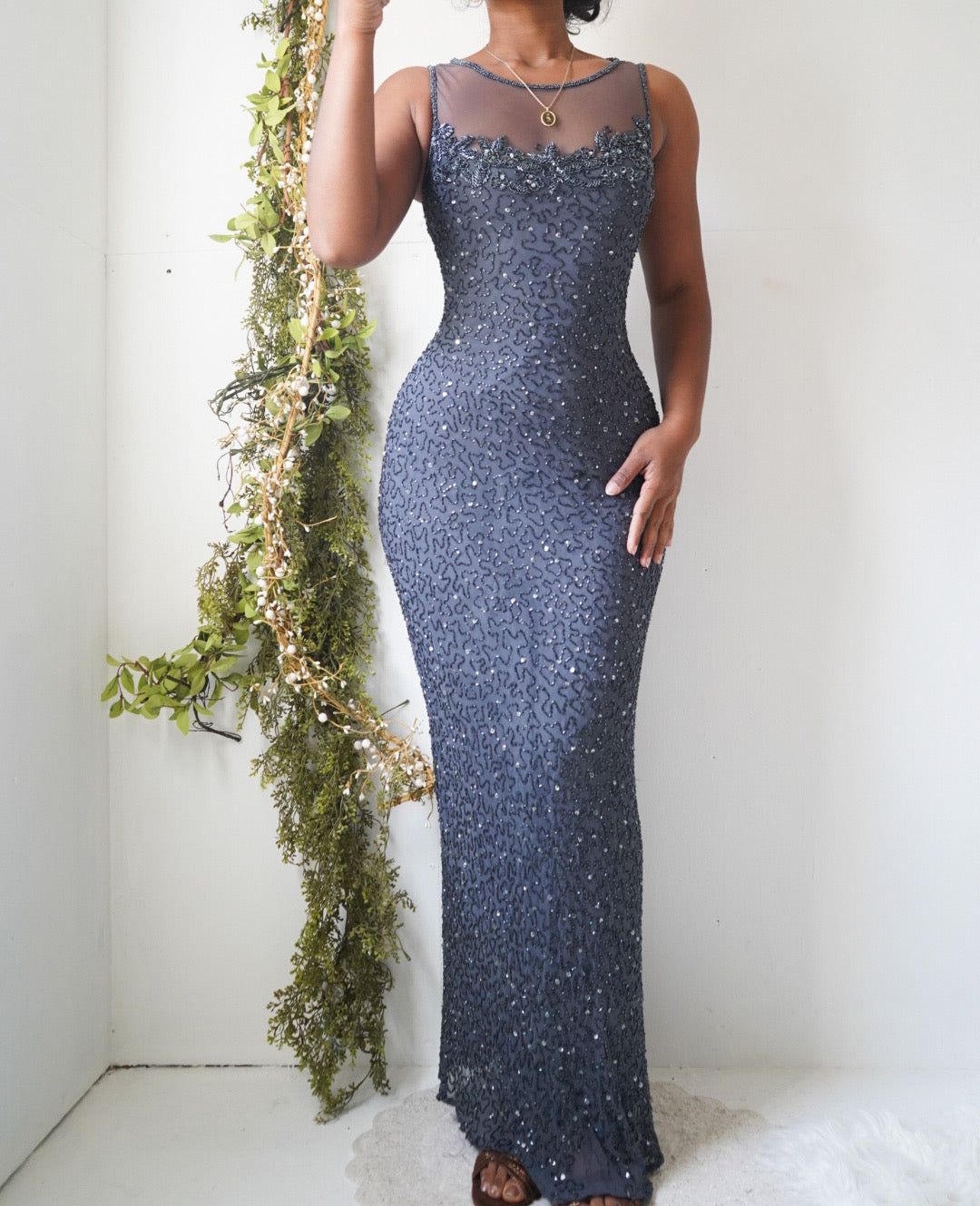 Vintage Y2K Fully Beaded Illusion Neckline Gown