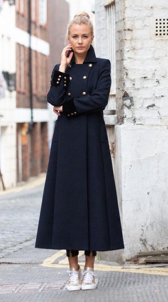 Trench Coat - Long Navy Wool Coat With Velvet Cuff