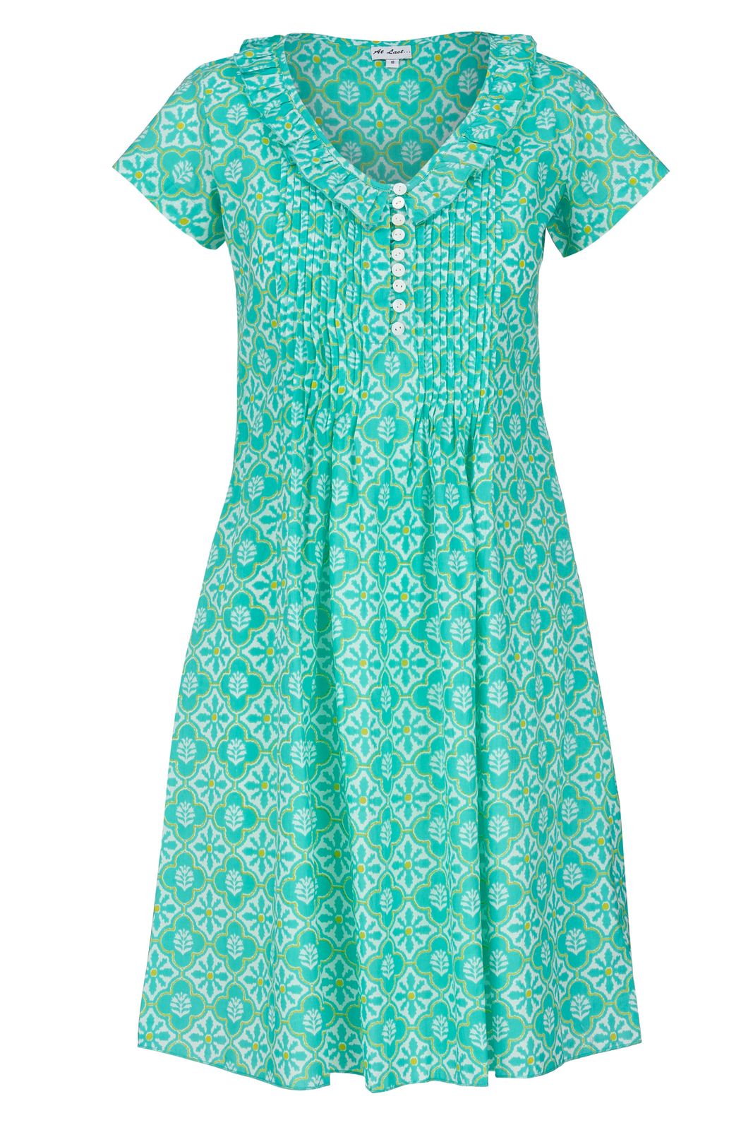 Cotton Karen Short Sleeve Day Dress in Turquoise & White Flower