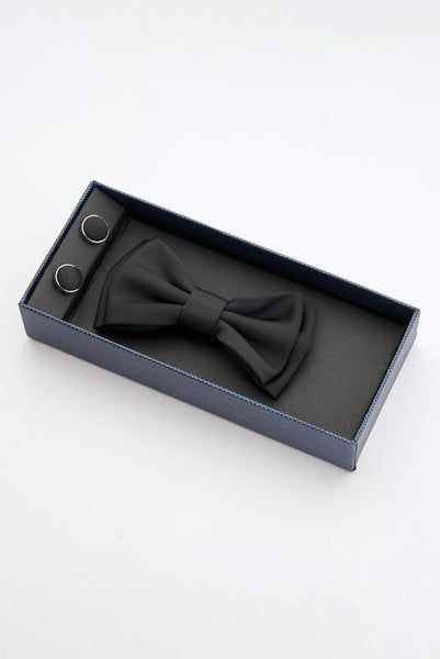 Black Satin Bow Tie Set with Cufflinks