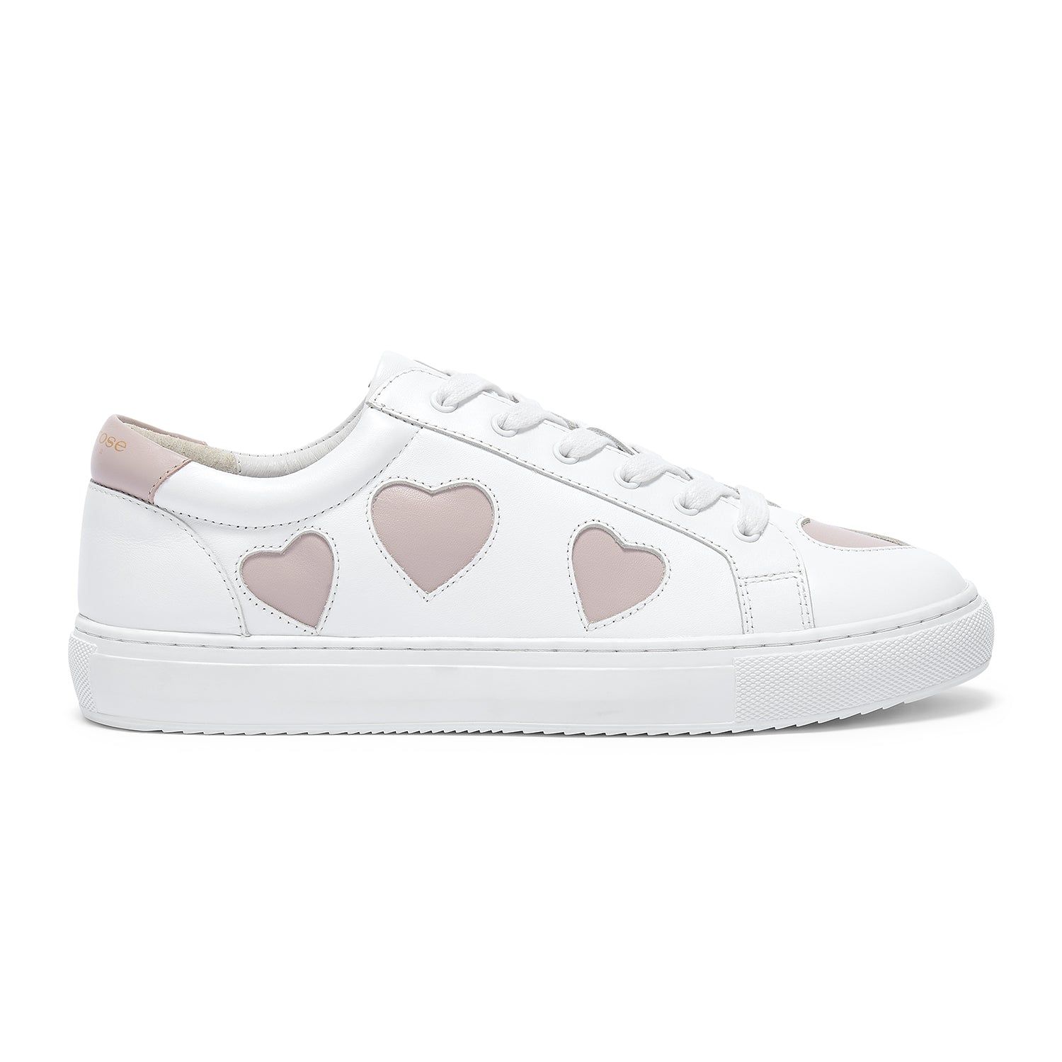 Hoxton - White Leather Trainers with Pastel Pink Hearts
