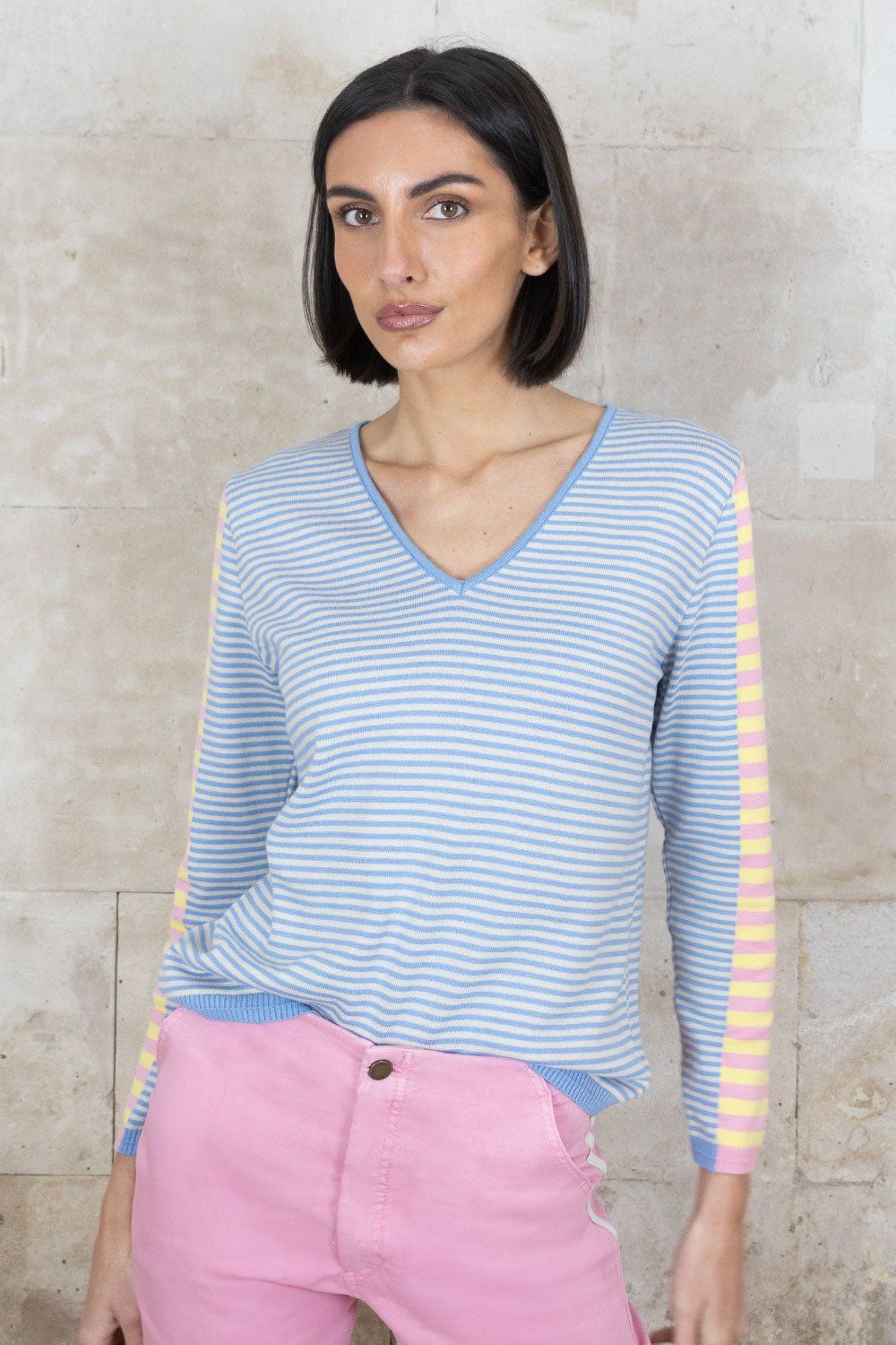 Fangio V Neck Multi Striped Knit