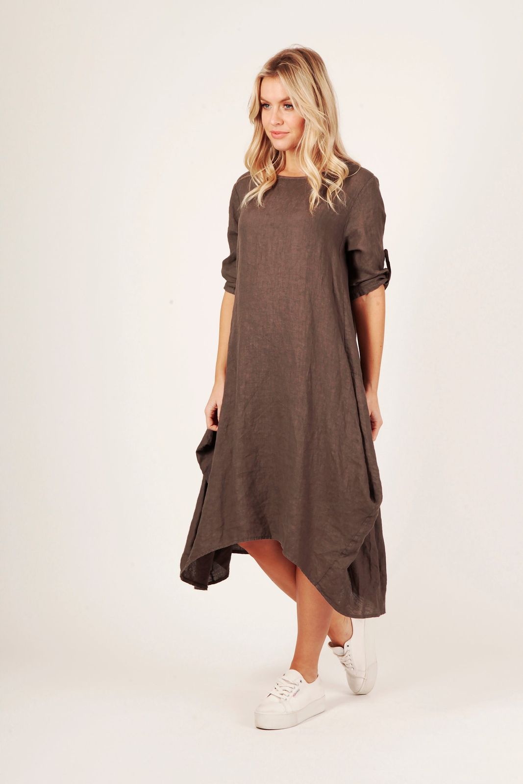Solana Linen Dress With Turn Up Sleeve Detail