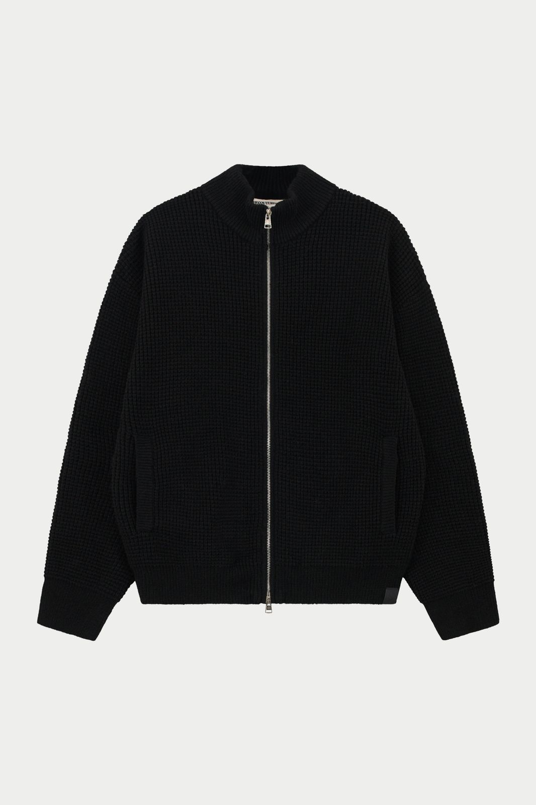 WAFFLE KNIT FUNNEL NECK ZIP THROUGH - BLACK