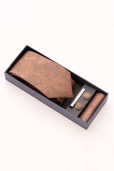 Bronze Paisley Tie Set with Tie Bar &amp; Cufflinks