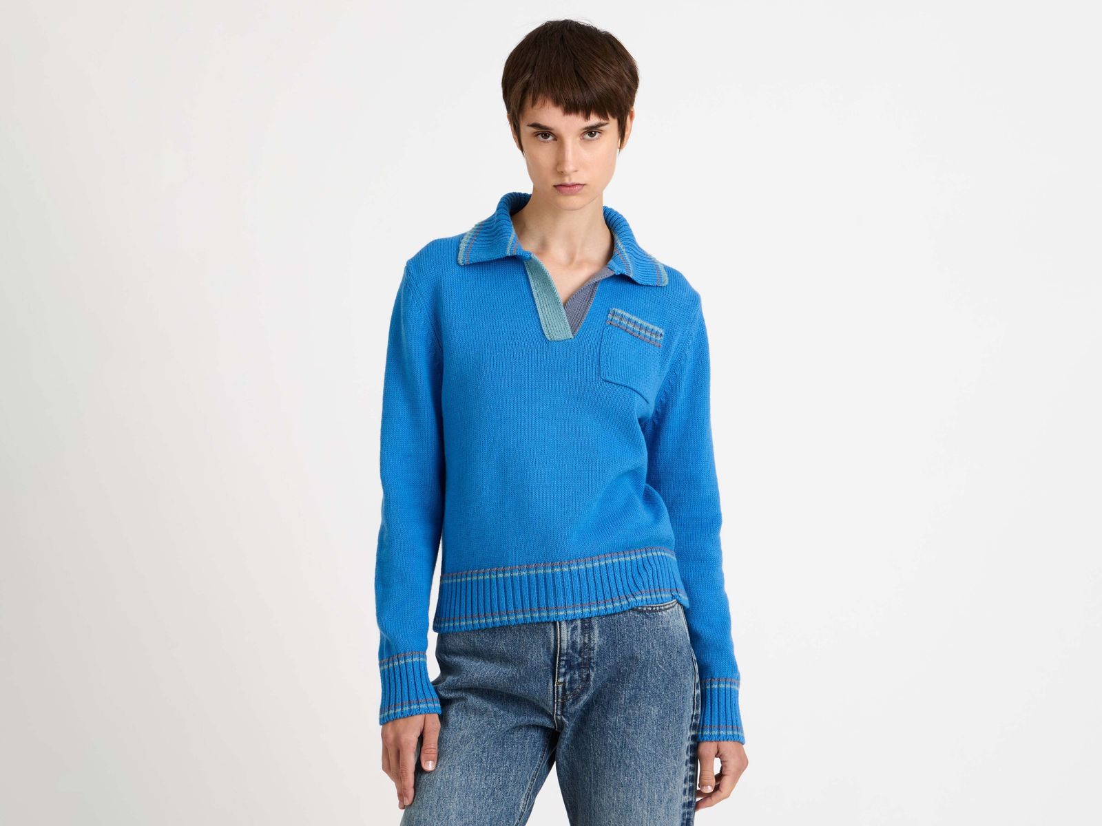 WOMENS SHRUNKEN POLO JUMPER IN CORNFLOWER BLUE