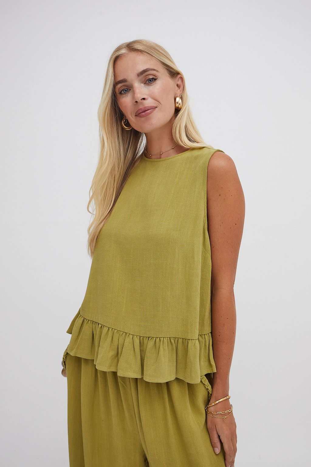 Monica Olive Green Ruffle Hem Top