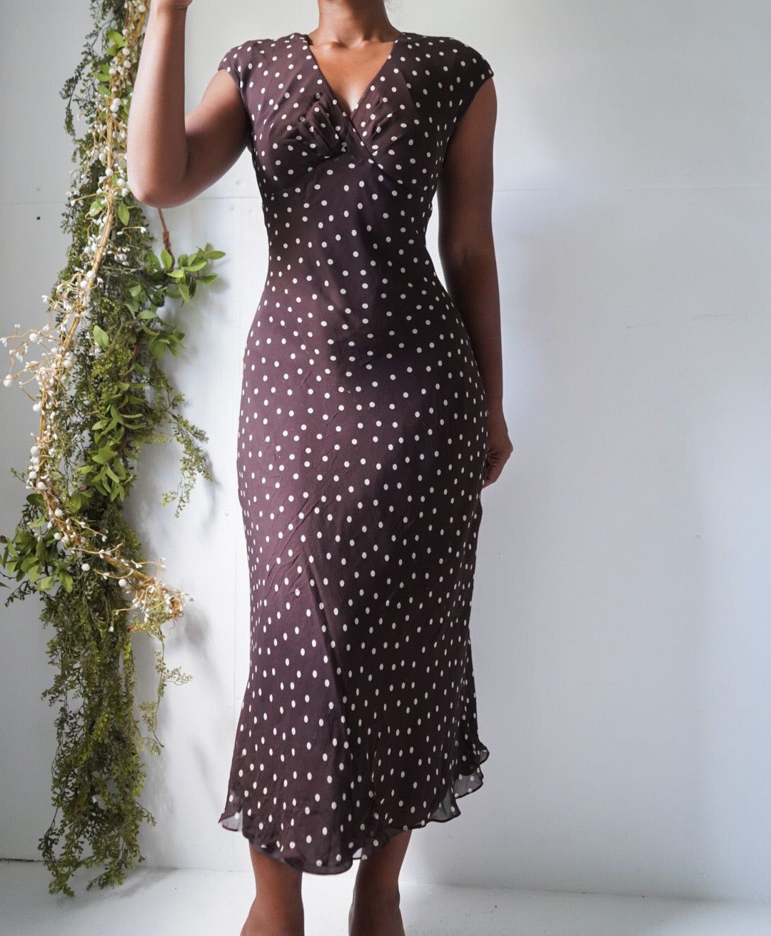 Vintage Y2K Brown Silk Polka Dot Dress