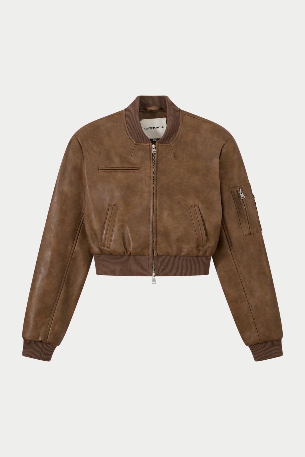 FAUX LEATHER SHOULDER PADDED BOMBER JACKET - WASHED BROWN