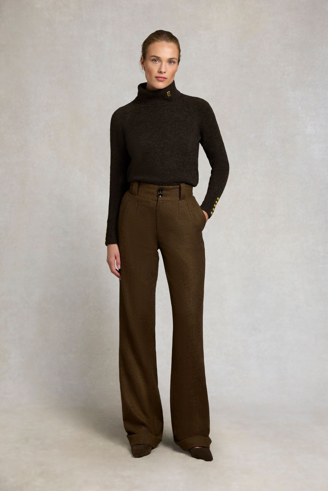 High Waisted Wide Leg Trouser (Tobacco Herringbone)