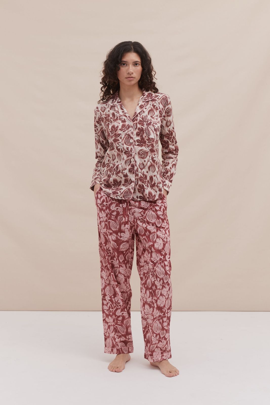 Long Pyjama Set Alma Fig Print Burgundy/Cream and Red/Pink