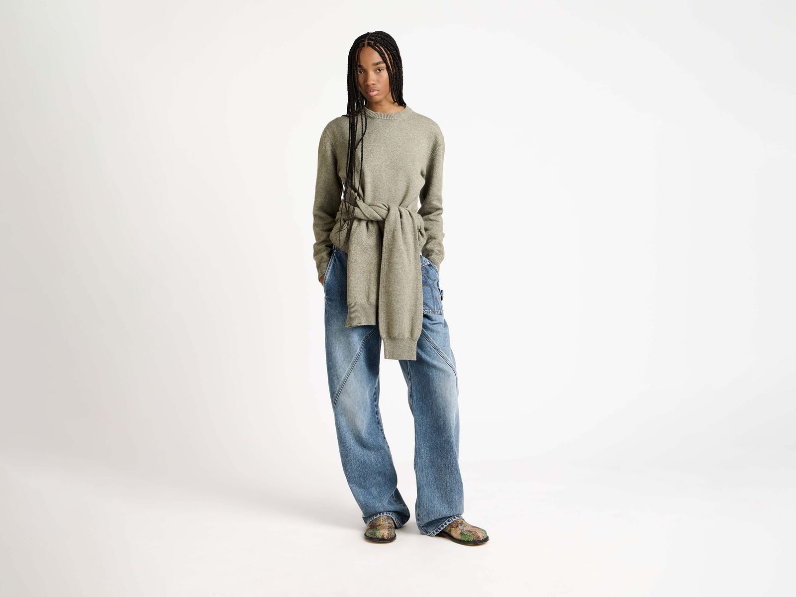 WOMENS SLEEVE-TIE WAISTED JUMPER IN SAGE