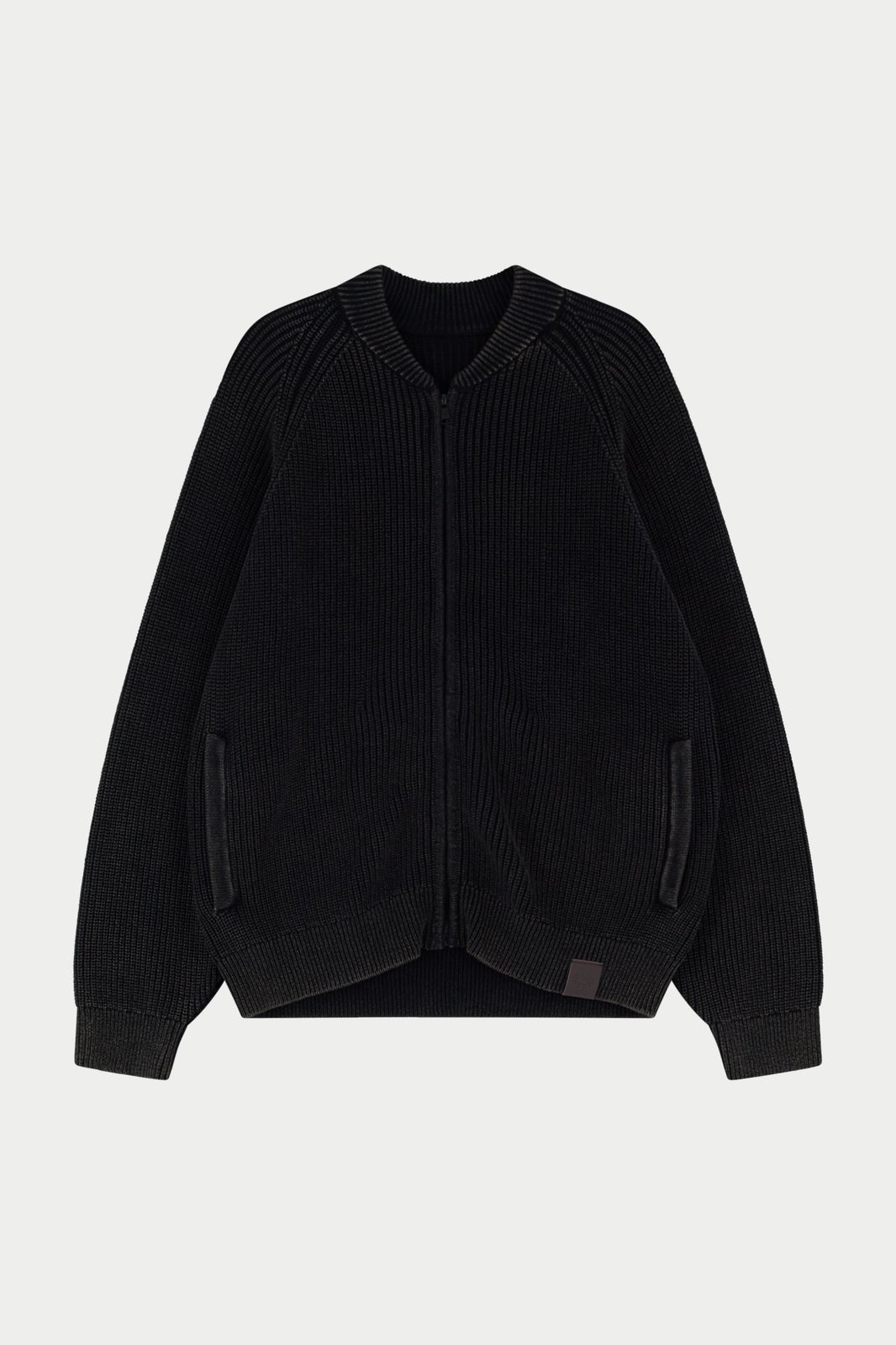 HEAVY WASHED RIB KNIT BOMBER - BLACK