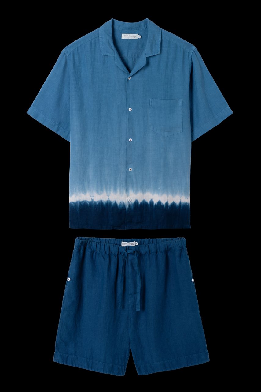 Men’s Cuban Pyjama Set Blue Dip Dye Linen