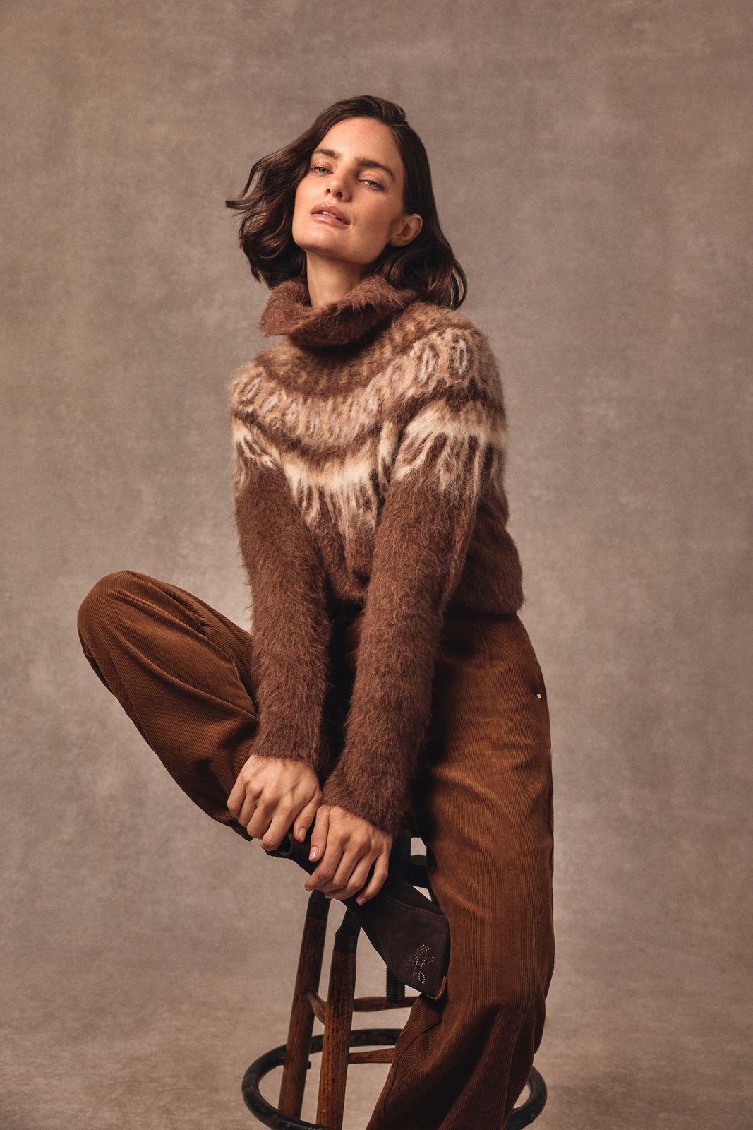 Geneva Roll Neck Knit (Chocolate Fairisle)