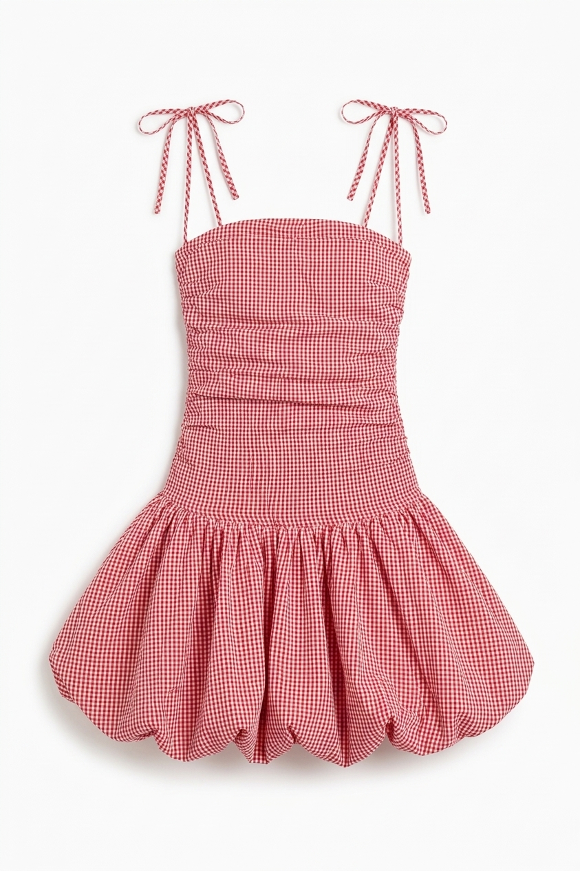 Alexa Red Gingham Puffball Ultra Mini Dress