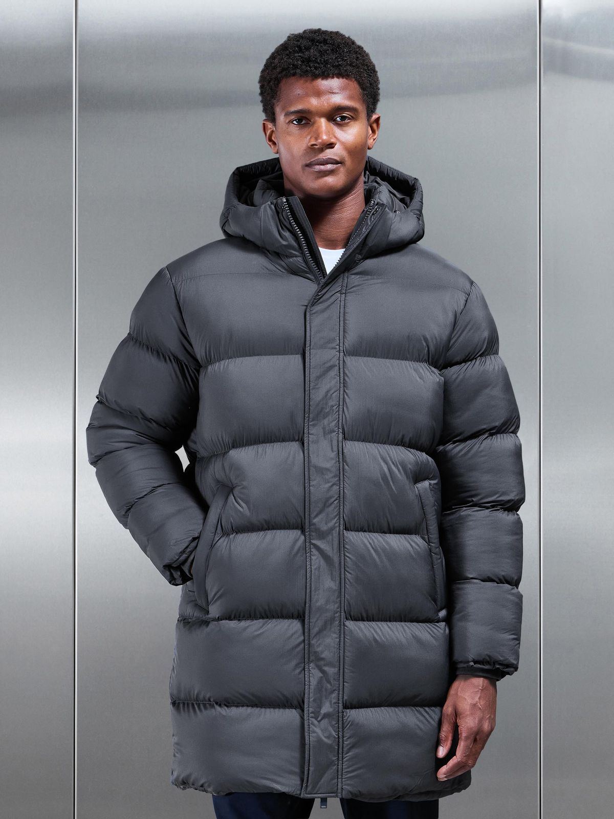 Matte Mid Length Puffer Jacket in Grey