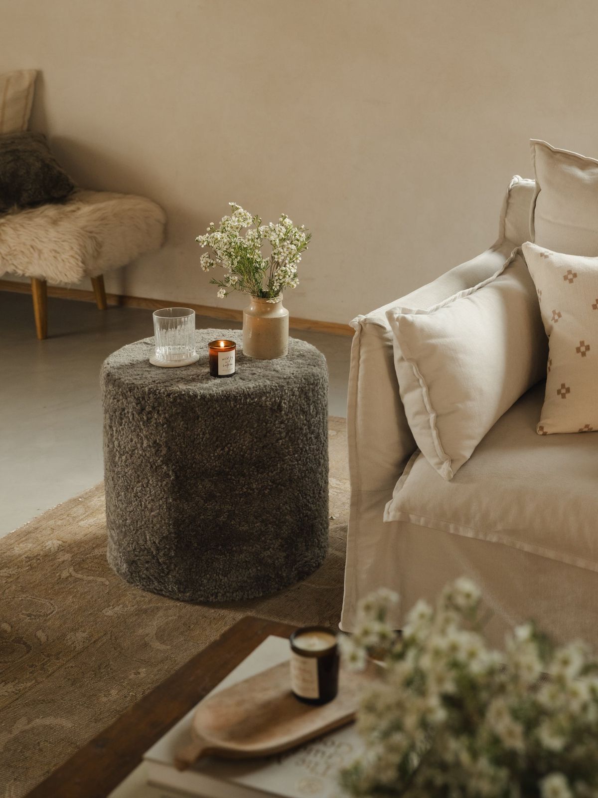 Circular Shearling Pouffe - Mist