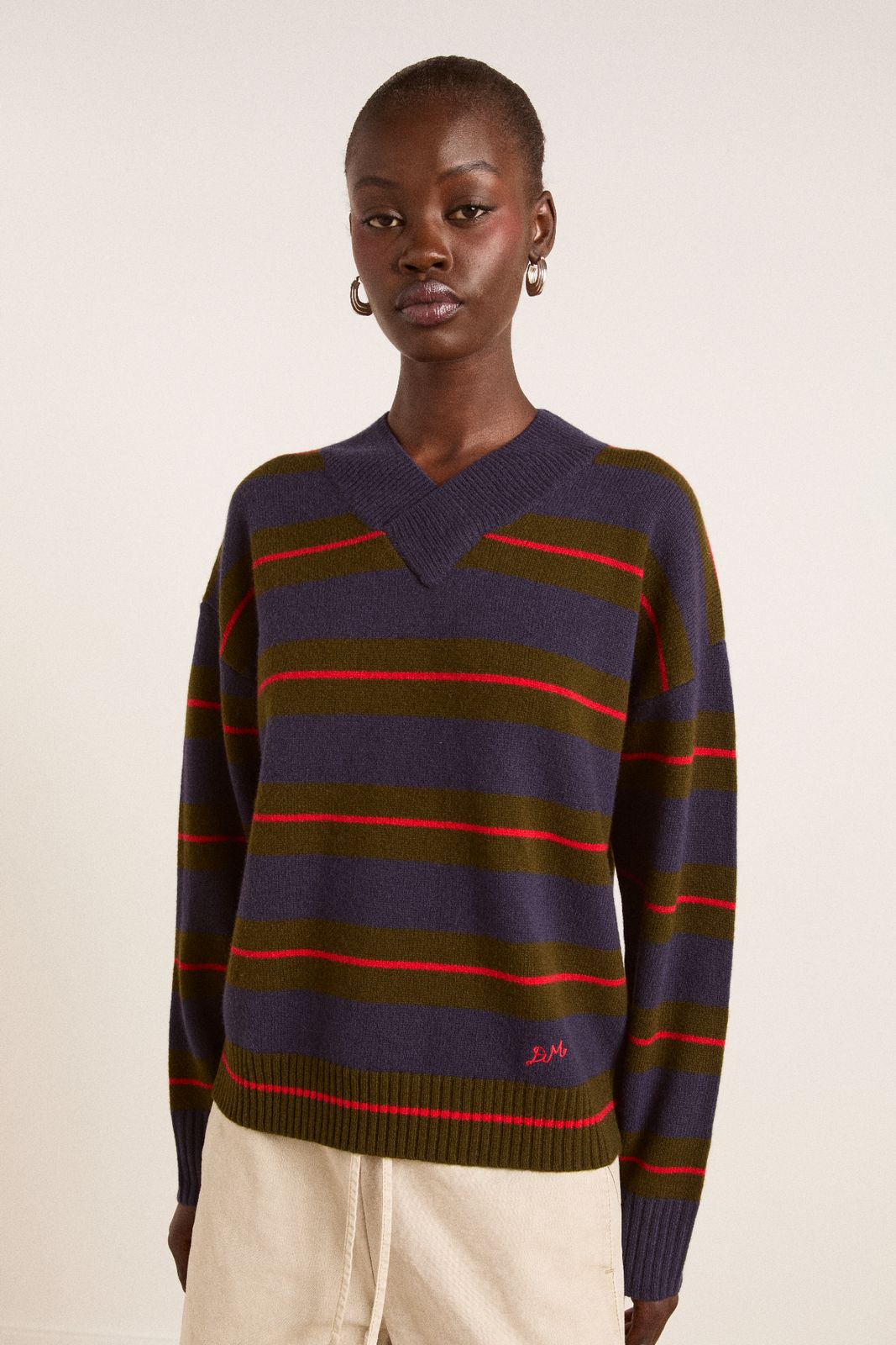Odette V-Neck Merino Wool Jumper-Olive/Navy Stripe