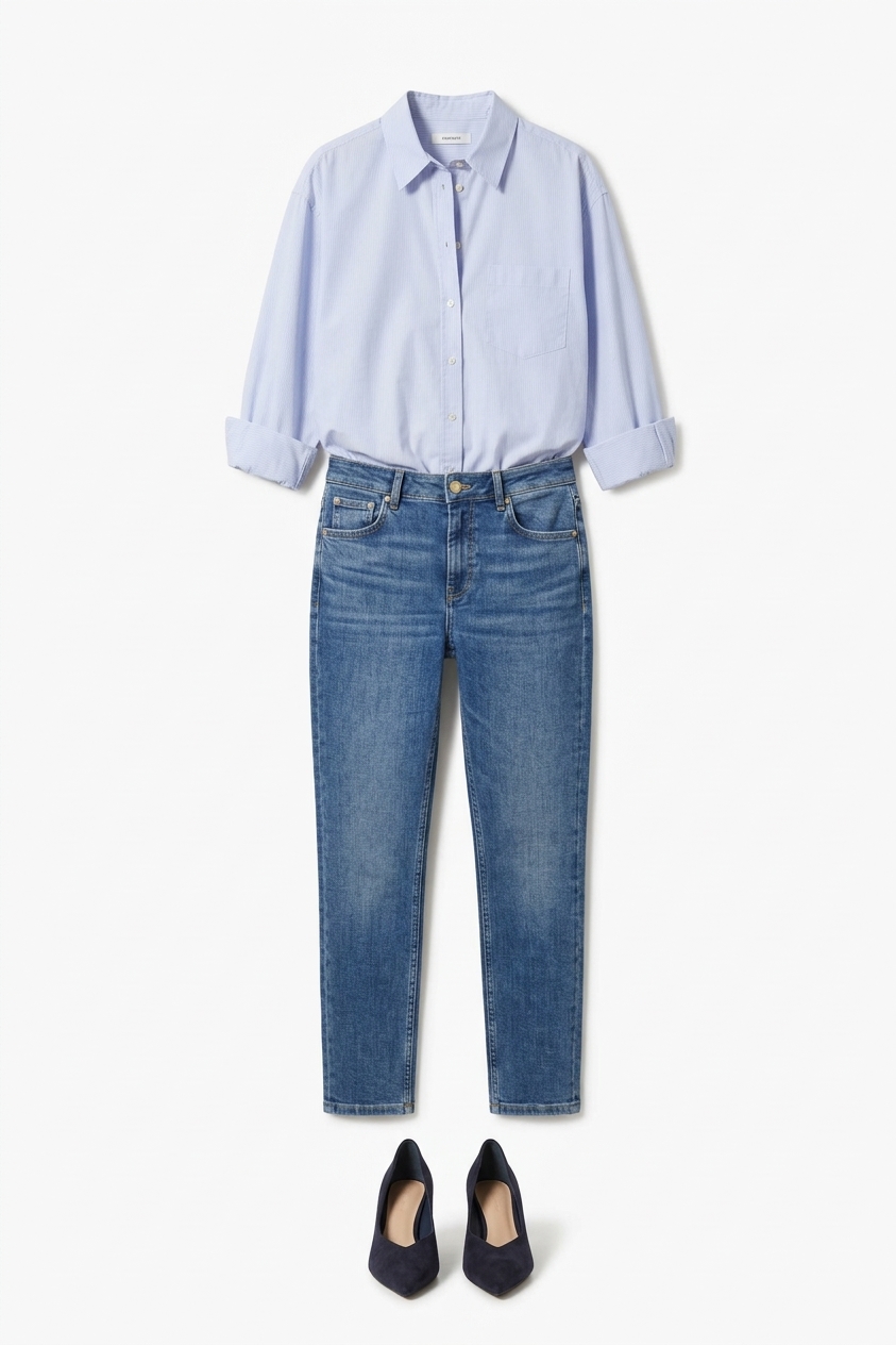 Cropped Stretch Jeans - Mid Blue Broken In
