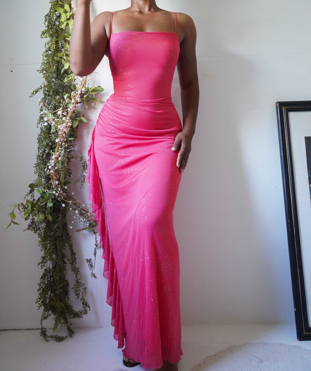Vintage Y2K Bright Coral Glitter Gown