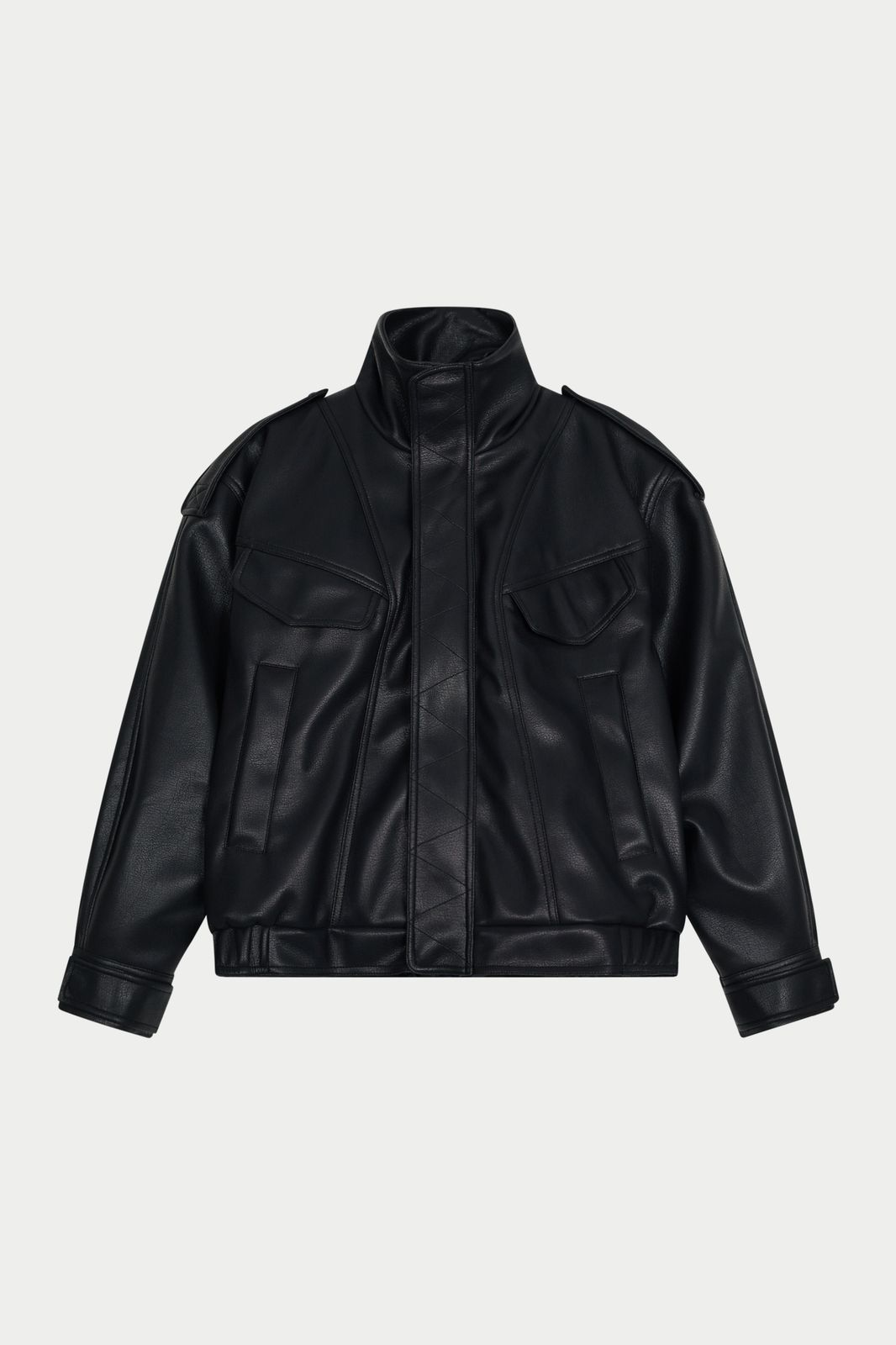 FAUX LEATHER FUNNEL NECK JACKET - BLACK