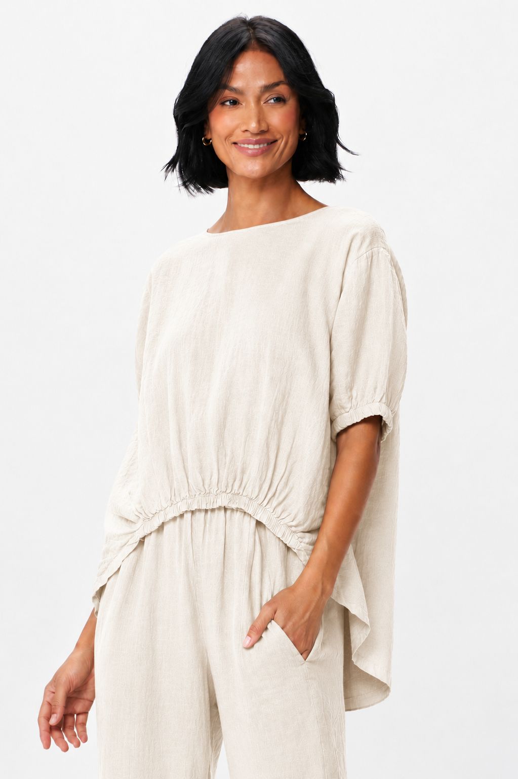 Sybil Linen Elasticated Front Hi Lo Top