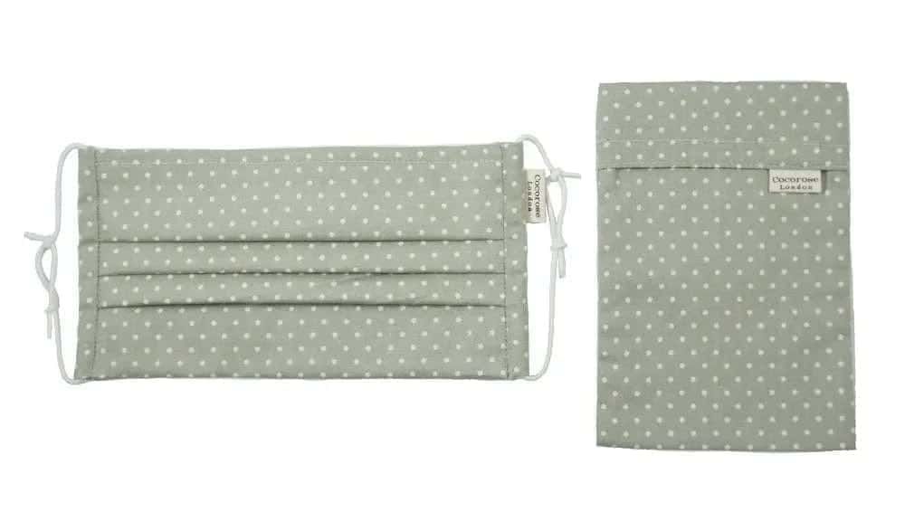 Pleated Cotton Face Mask with Nose Wire and Matching Pouch - Beige Polka Dots