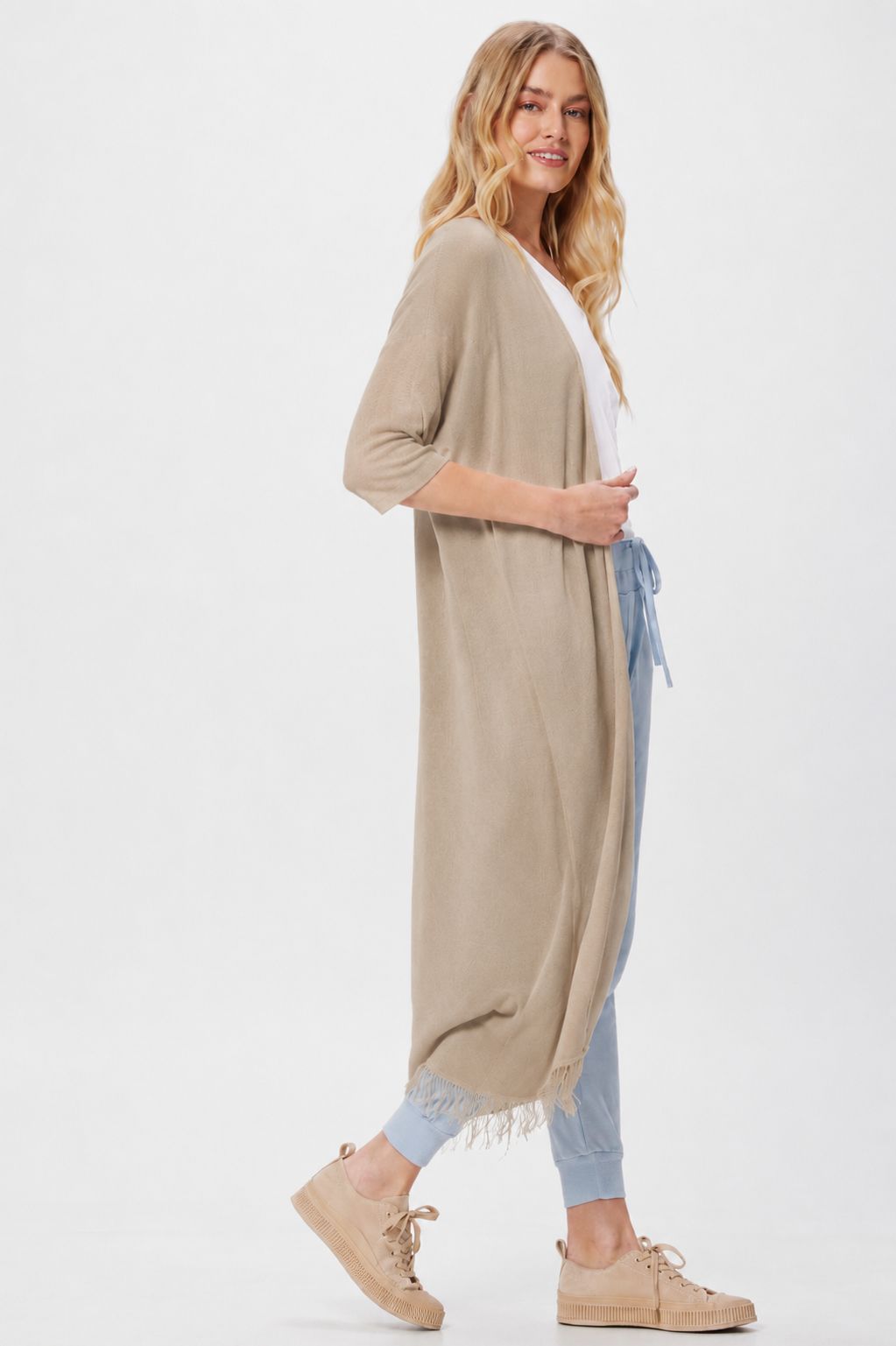 Flower Modal Knit Long Cardi With Fringing