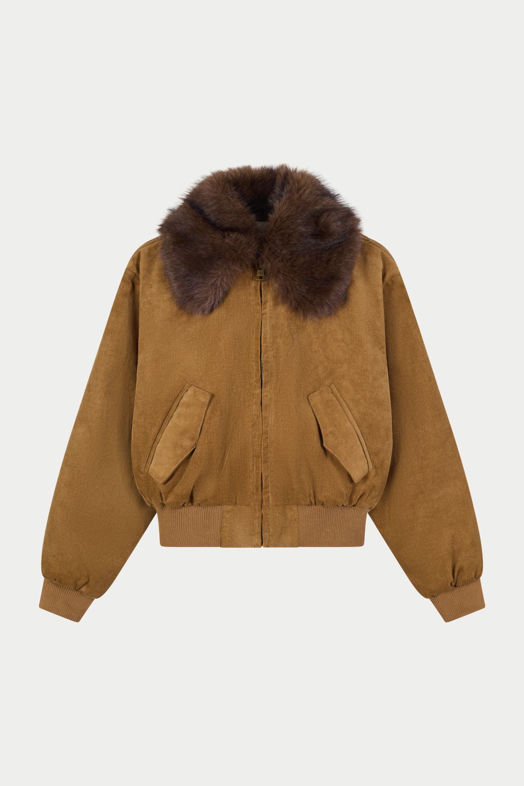 CORD FAUX FUR COLLAR BOMBER JACKET - TAN