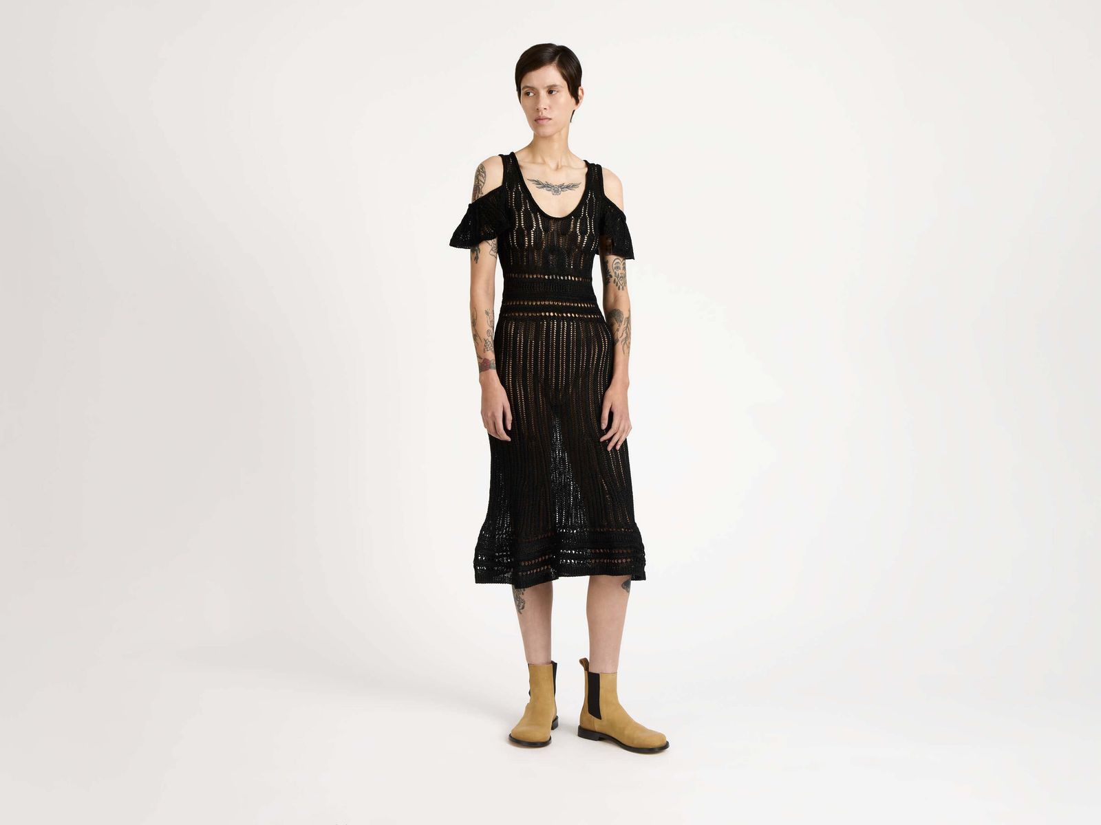 WOMENS SHOULDER RUFFLE CROCHET DRESS IN BLACK