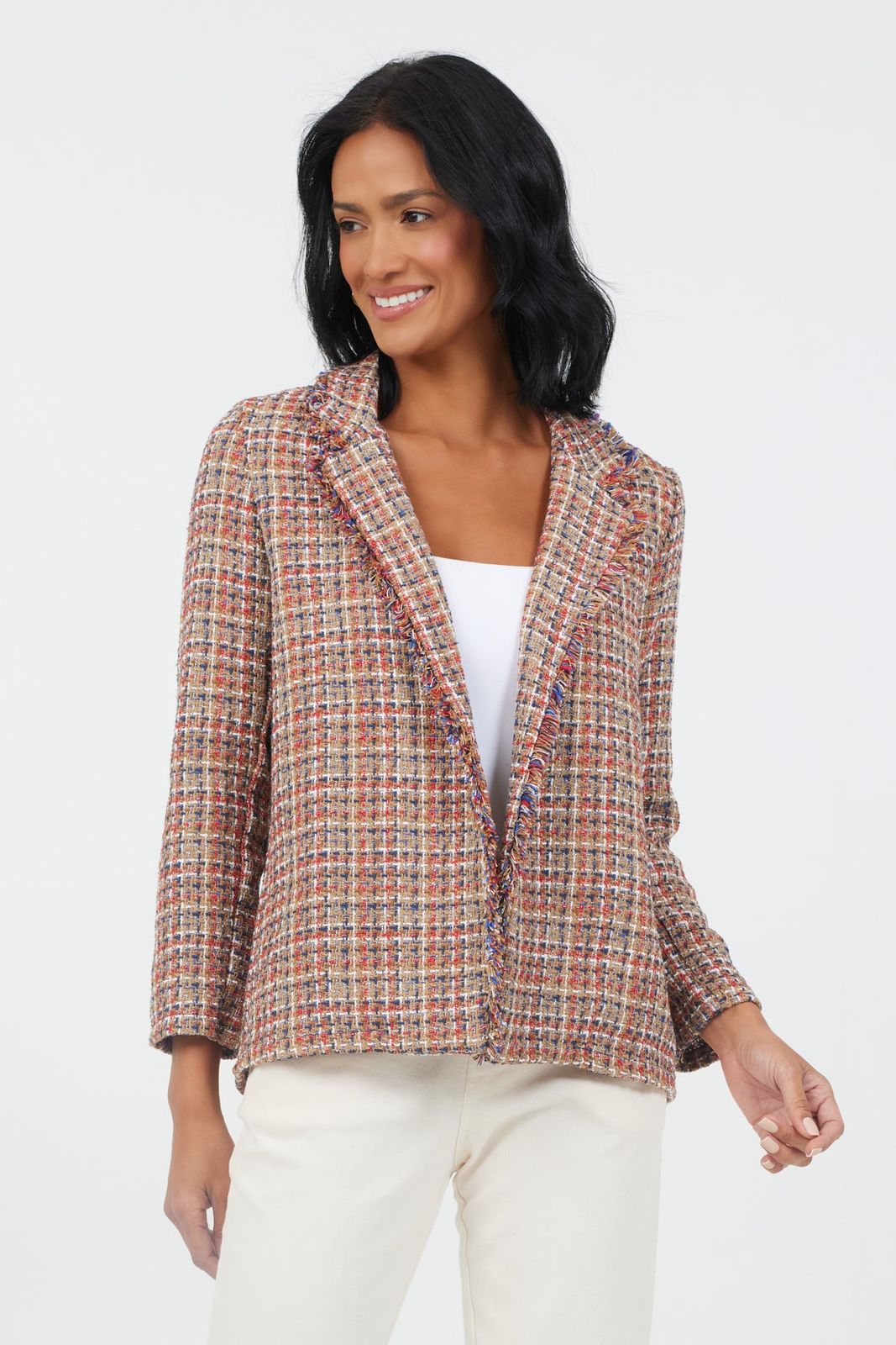 Jasmeena Frayed Trim Checked Blazer