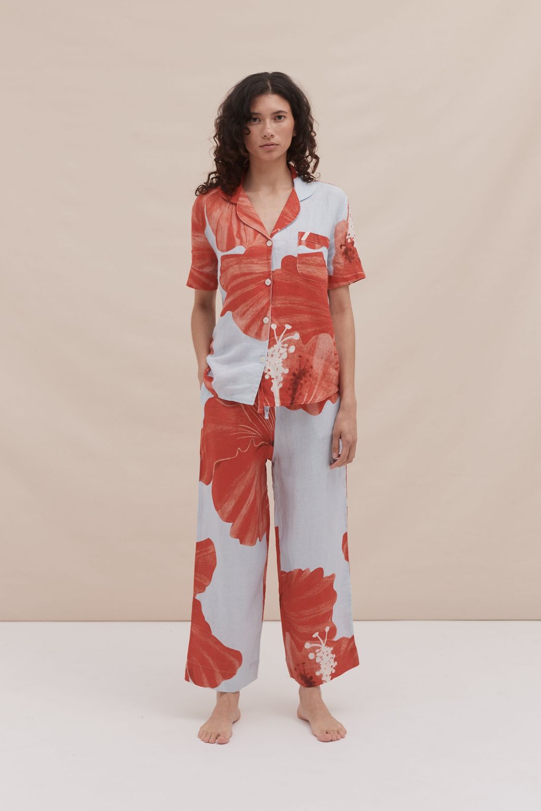 Short Sleeve Shirt & Pocket Trouser Set Grand Hibiscus Print Blue/Red Linen
