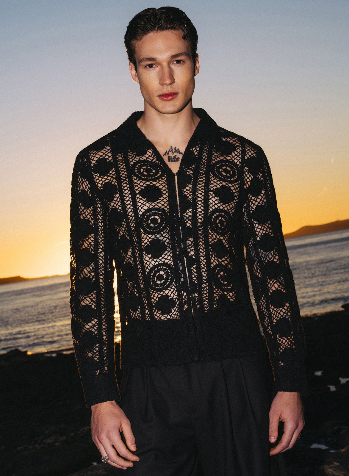 Black Long Sleeve Circular Crochet Shirt