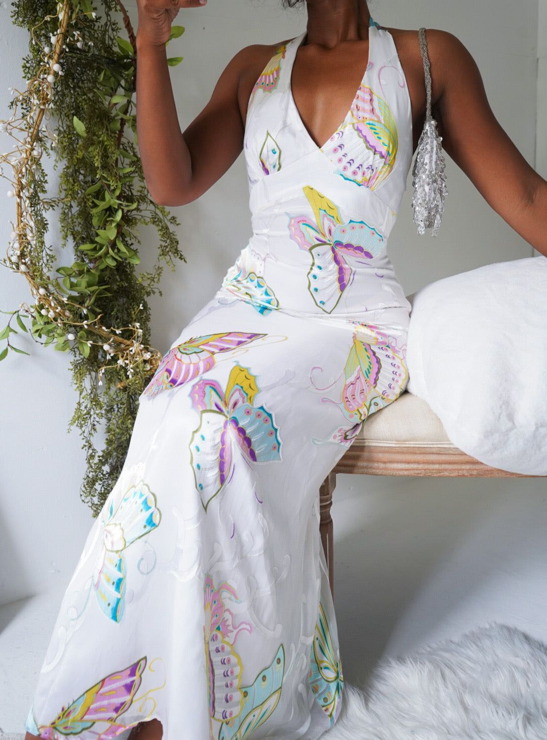Rare Y2K White Butterfly Halter Gown