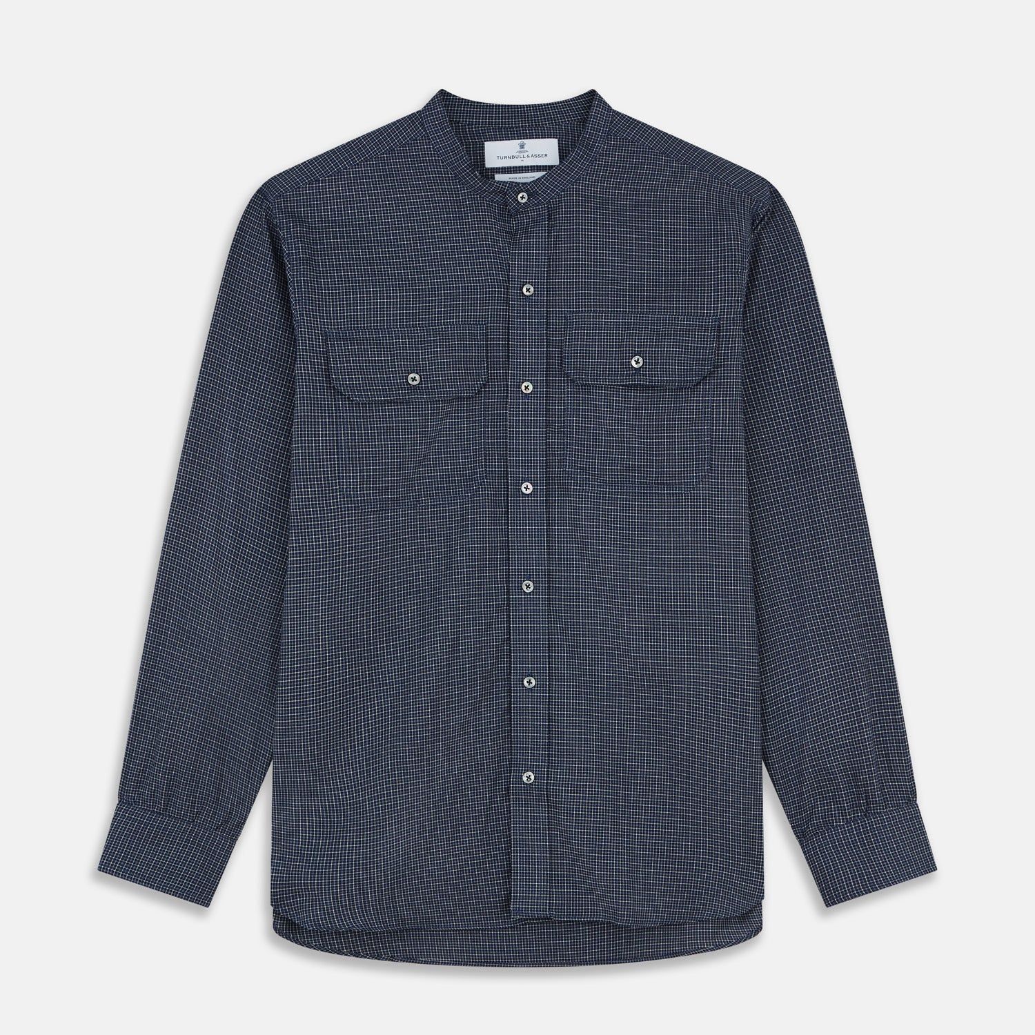 Navy Check Weekend Fit Flannel Shirt with Stand Collar and 1 Button Cuffs