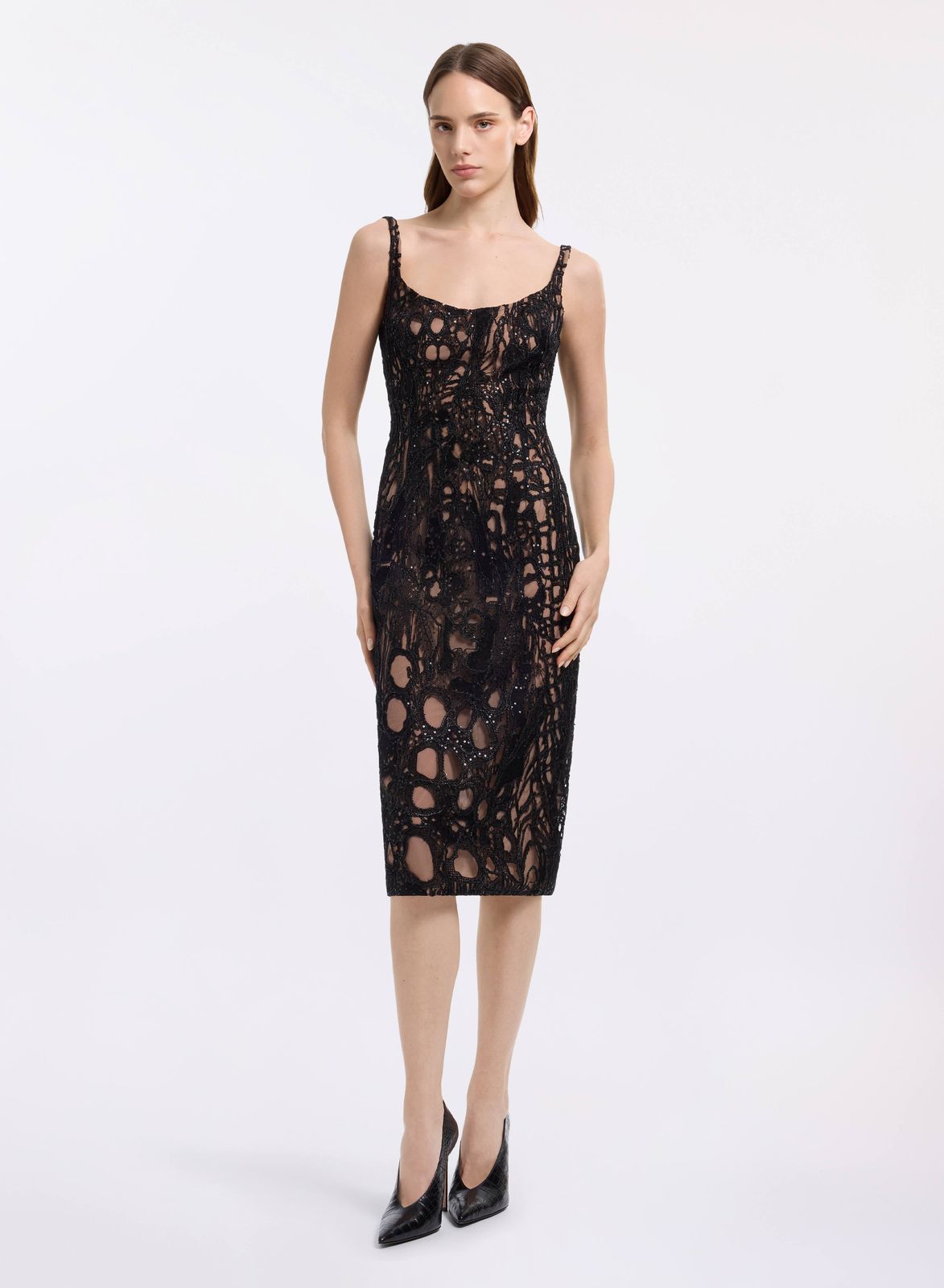 Sequin Embroidered Tulle Midi Dress