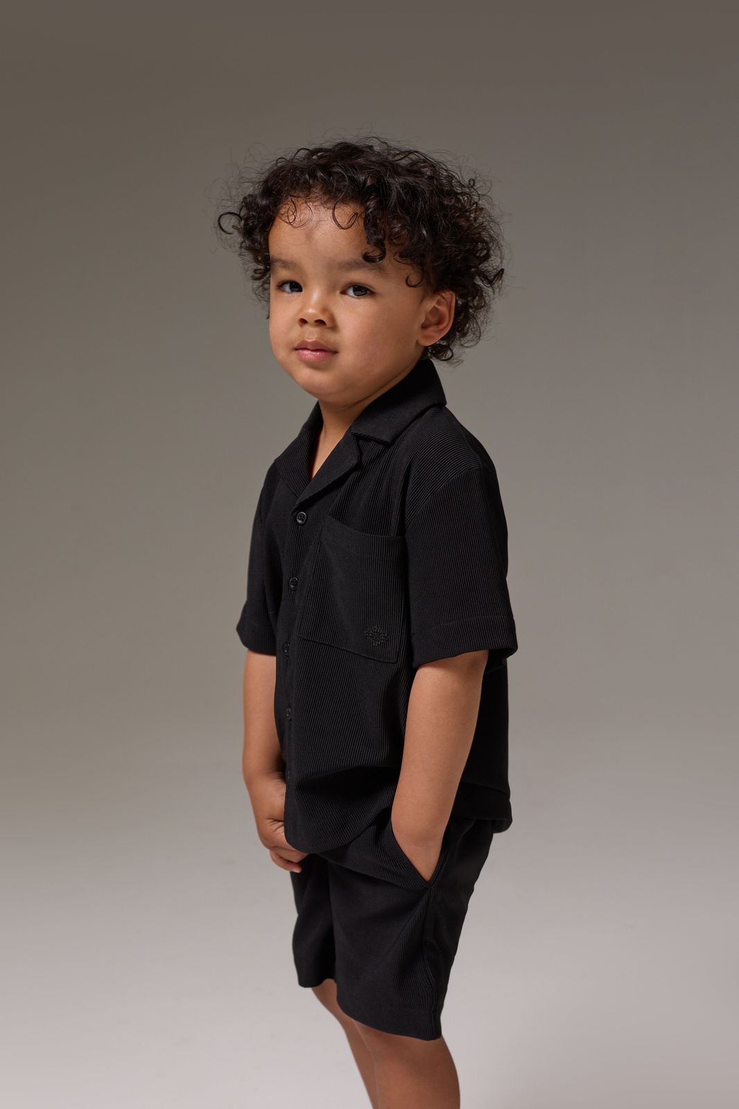 KIDS RIB BUTTON THROUGH SHIRT - BLACK