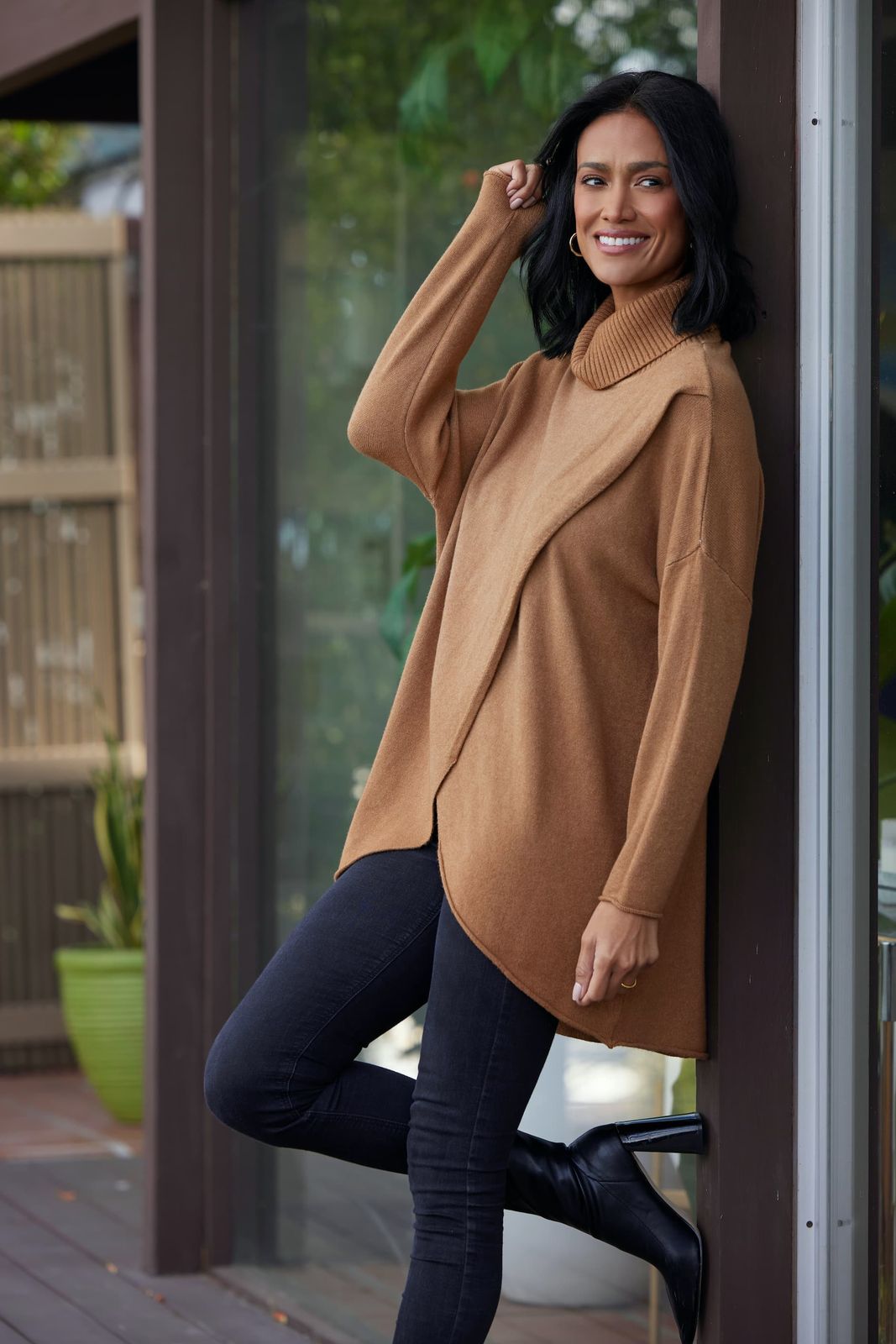 Tiana Cross Front Cowl Neck Long Knit