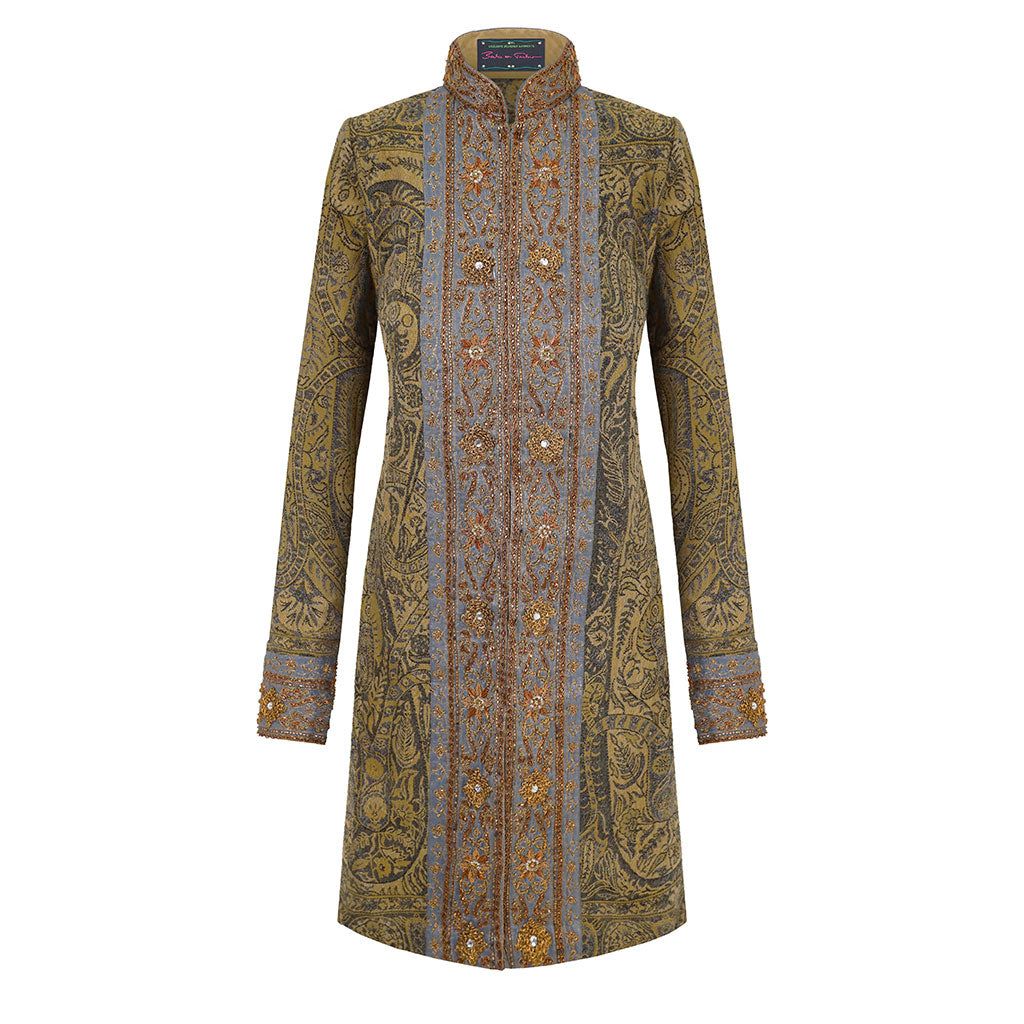 Beige Gold Rosette Wool Paisley Shawl Jacket