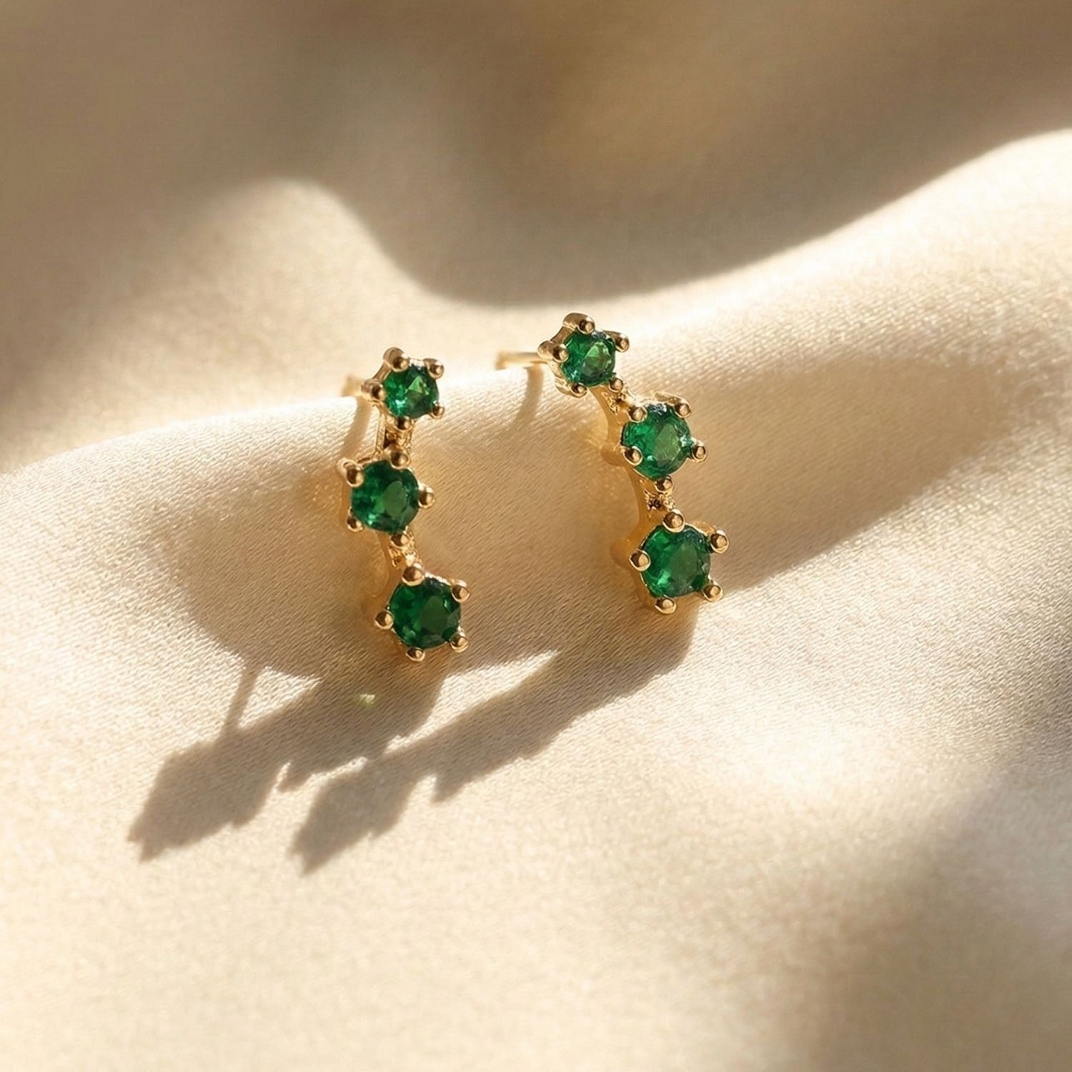 Tiny Emerald May Birthstone Climber Stud Earrings