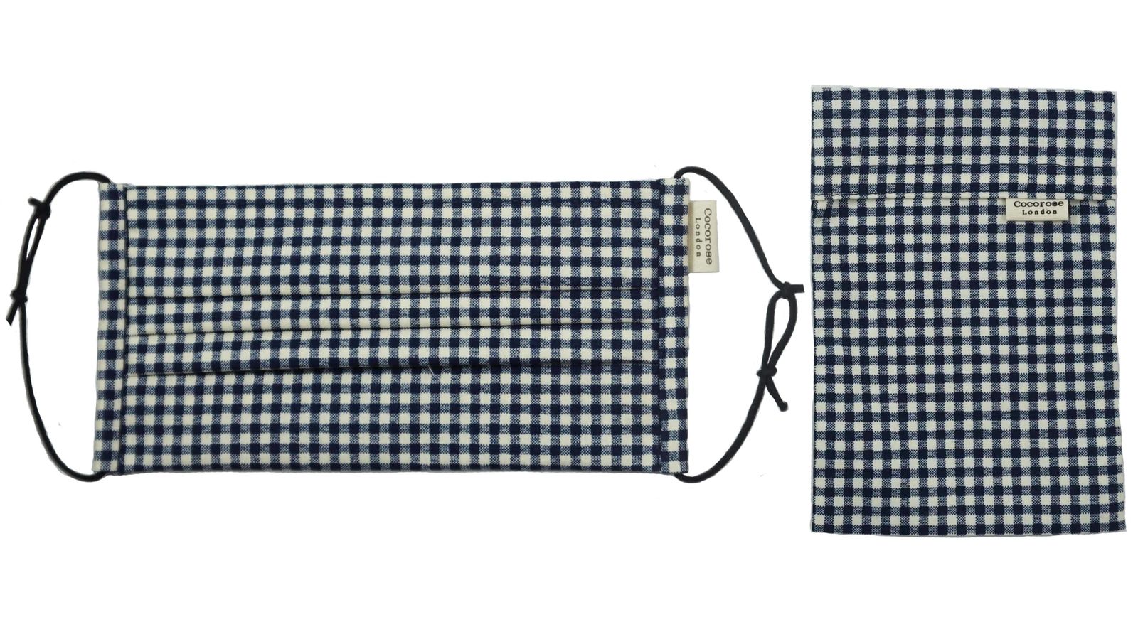 Pleated Cotton Face Mask with Nose Wire and Matching Pouch - Gingham Navy 2.0