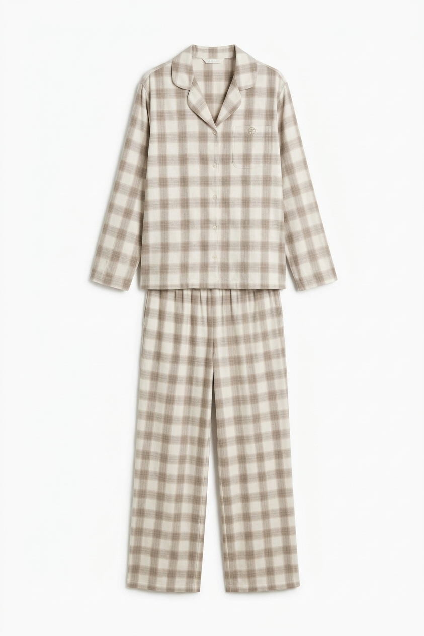 Checked Flannel Pajama Set - Mist Taupe