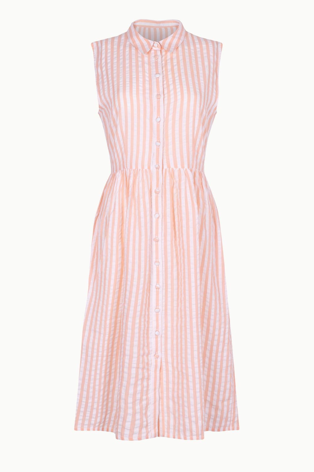 The Kōr Shirt Dress Coral Stripe made from Deadstock Fabric