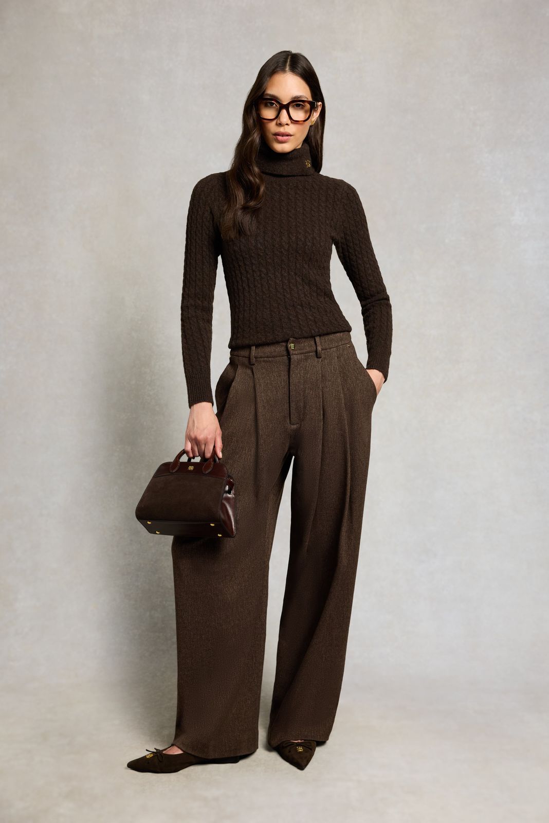 Richmond Wide Leg Trouser (Walnut Herringbone)