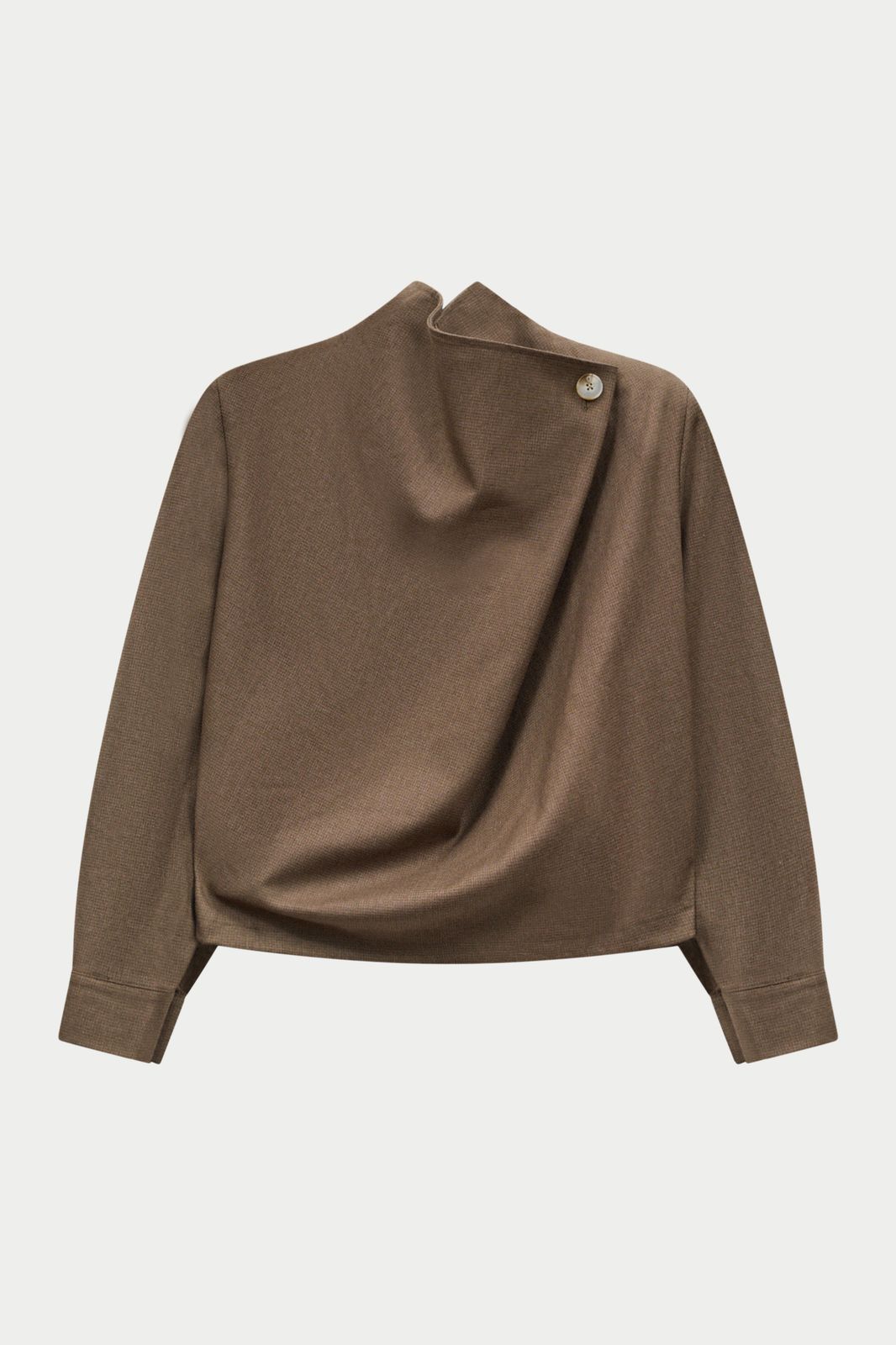 MICRO CHECK WRAP FUNNEL NECK TOP - BROWN