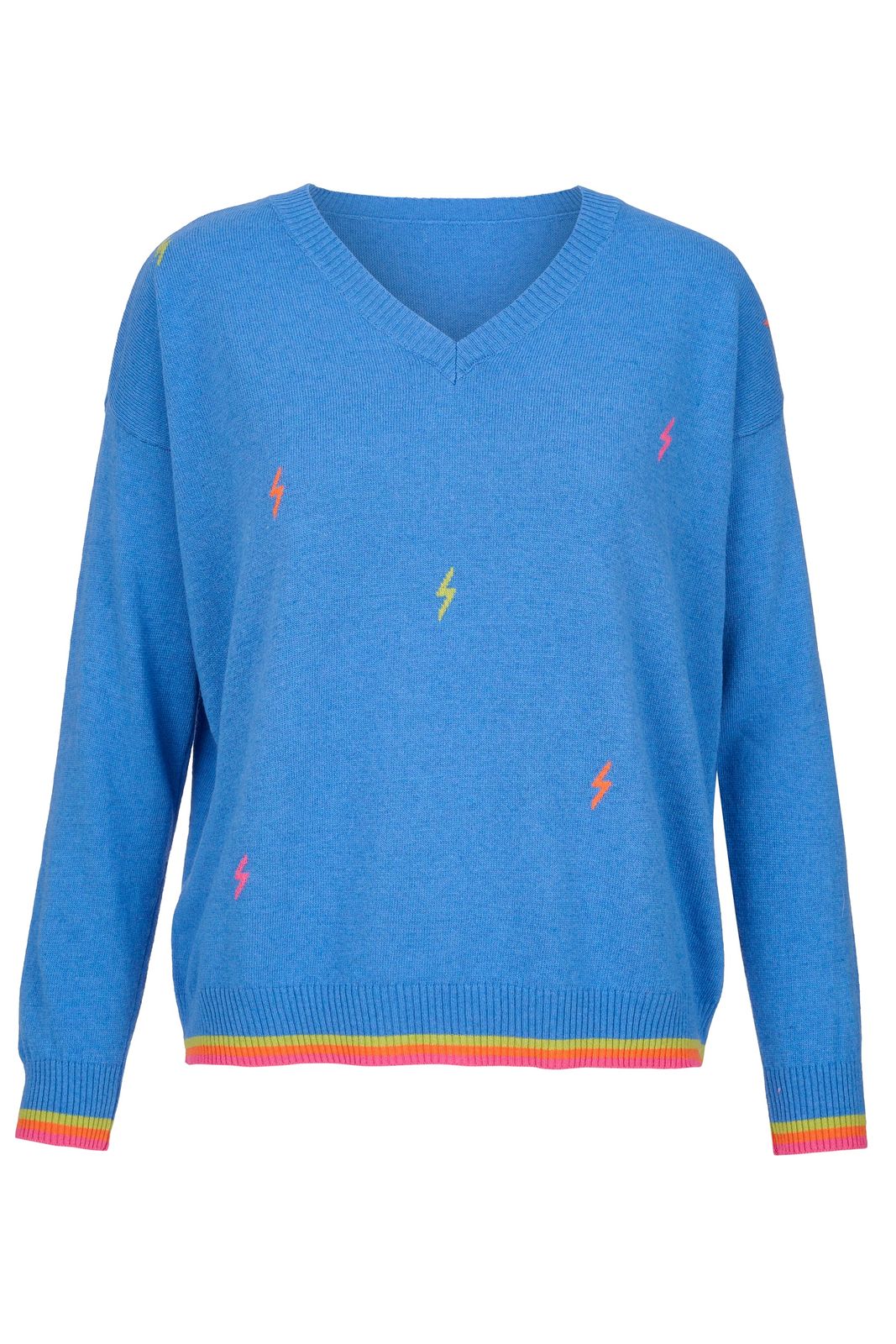 Cashmere Mix Sweater in Blue with Multi Lightning & Stripes