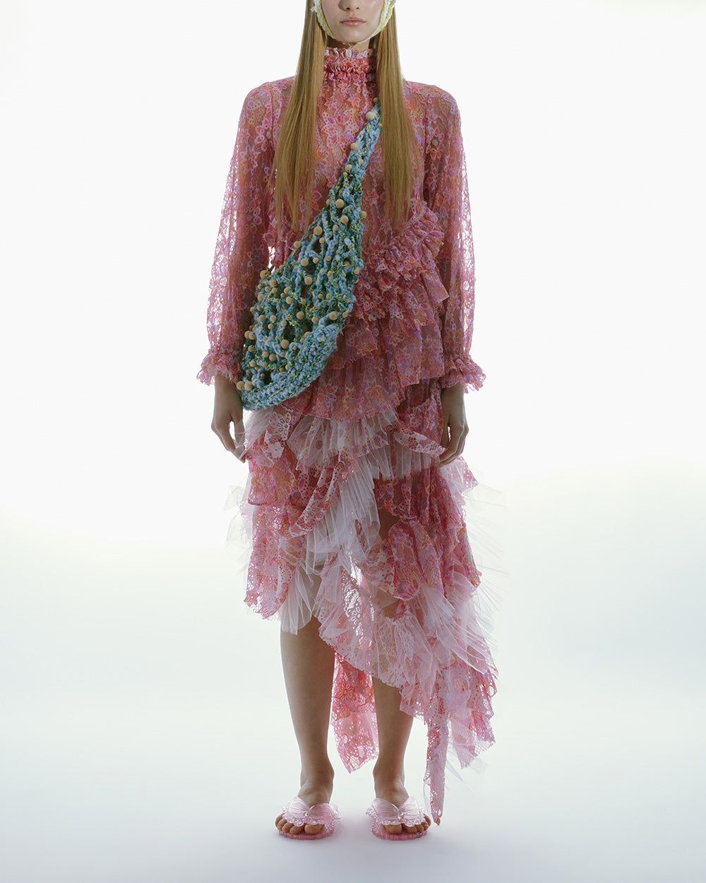 HIGHNECK PRINTED LACE RUFFLE DRESS