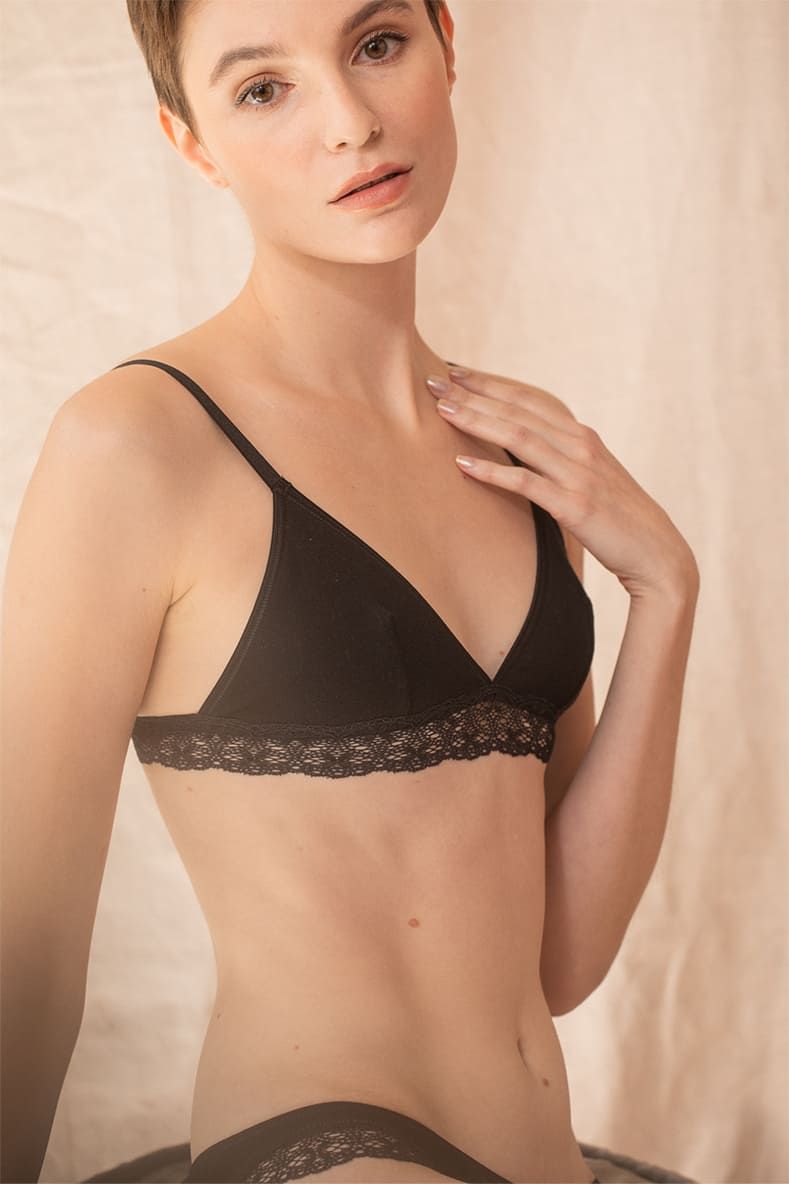 Casamance | Organic Cotton &amp; Recycled Lace Piping Bra | Black